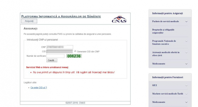 În continuare PIAS nu merge, verificarea calității de asigurat a unui pacient fiind imposibilă pe site-ul CNAS