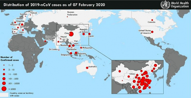 Harta răspândirii noului coronavirus la 7 februarie 2020. Sursa: OMS