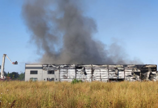 Incendiul a izbucnit la o hală din Mogoșoaia în care sunt depozitate componente pentru mentenanță avioane. Foto: ISUBIF