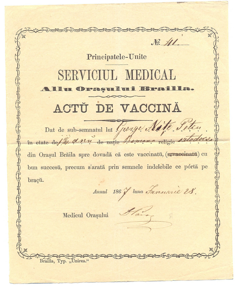 Adeverință de vaccinare din 1867  FOTO: Muzeul Național de Istorie al României