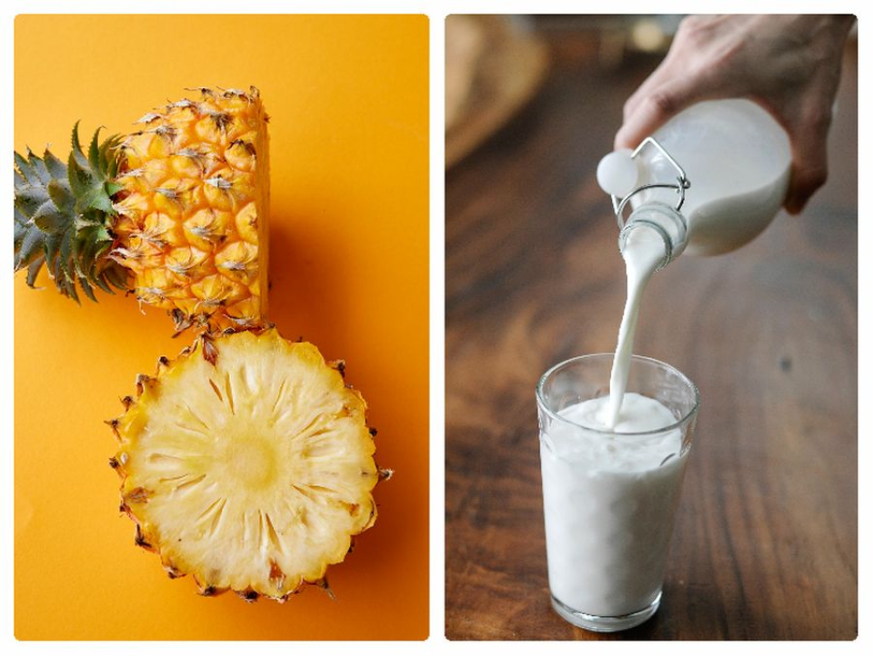 Ananas și lapte. Foto colaj: Pexels